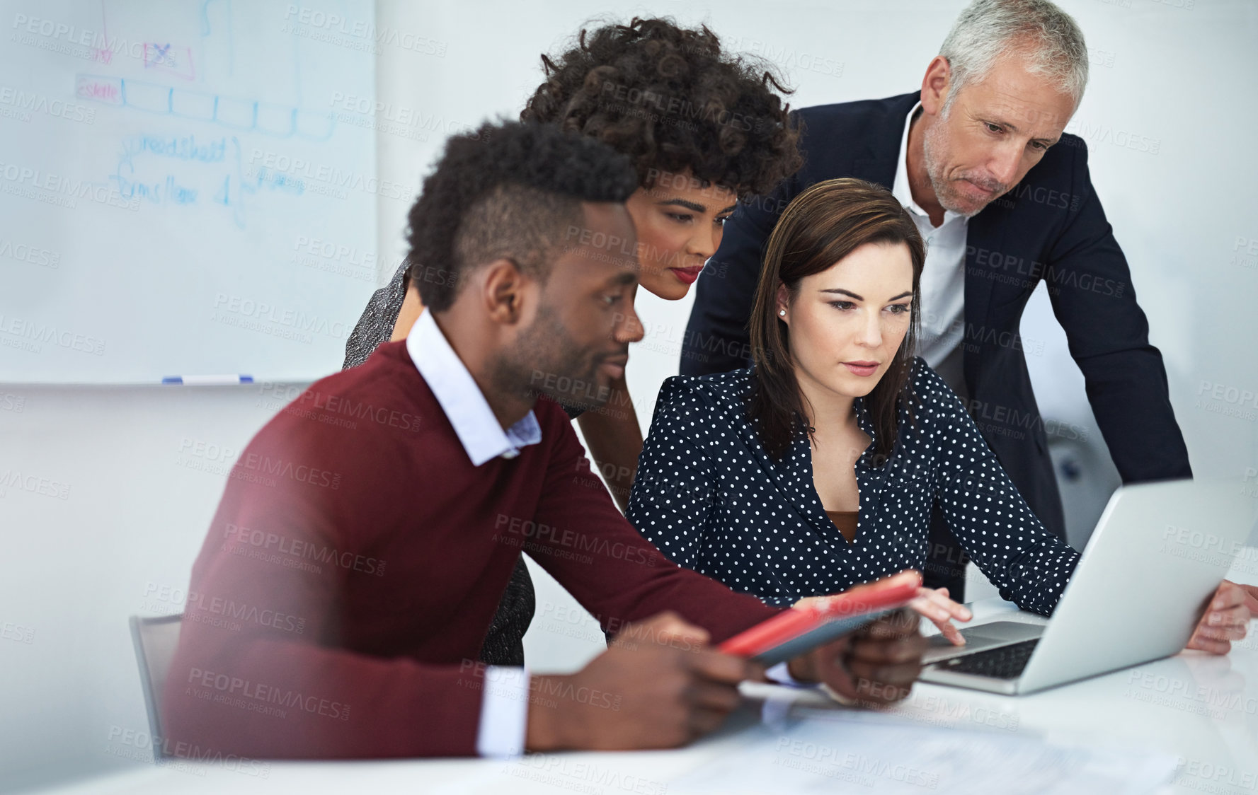 Buy stock photo Workshop, collaboration and team director planning project with laptop, research and ideas. Brainstorming, diversity and business people for negotiation, work or presentation in meeting in office