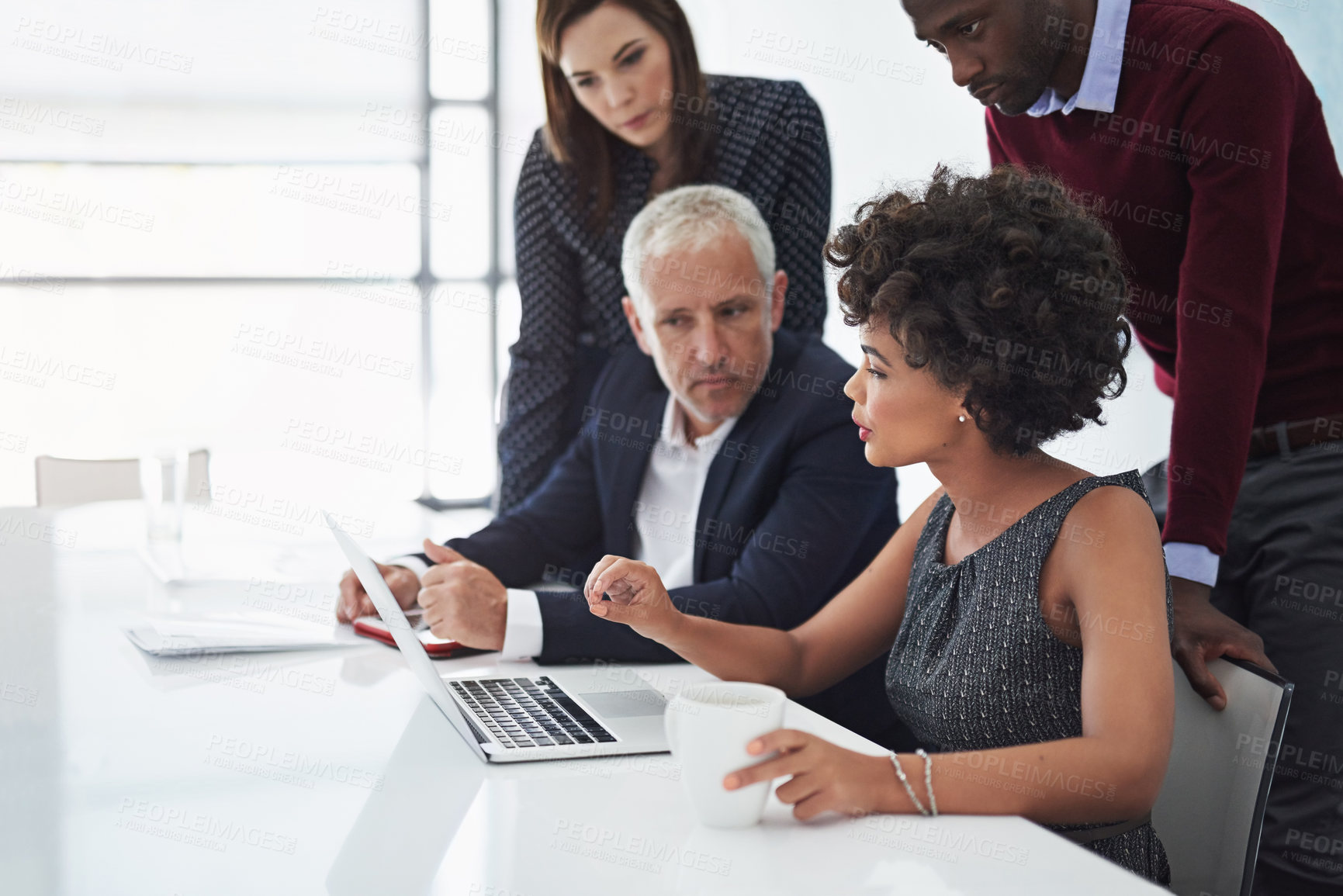 Buy stock photo Discussion, research and team director brainstorming project with laptop, collaboration and ideas. Planning, diversity and business people for negotiation, work or presentation in meeting in office