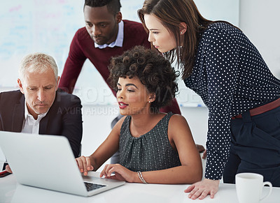 Buy stock photo Business people, laptop and conversation with teamwork, collaboration and boardroom with reading. Online research, discussion and public relations staff with planning and working on project together