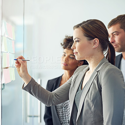 Buy stock photo Glass wall, business people and brainstorming with productivity, writing or cooperation in modern office. Startup, group or employees in meeting, seo or teamwork with planning for project or thinking