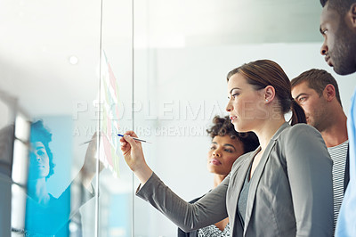 Buy stock photo Glass wall, business people and brainstorming with group, writing and planning in modern office. Startup, ideas and employees in meeting, seo and cooperation with productivity for project or teamwork