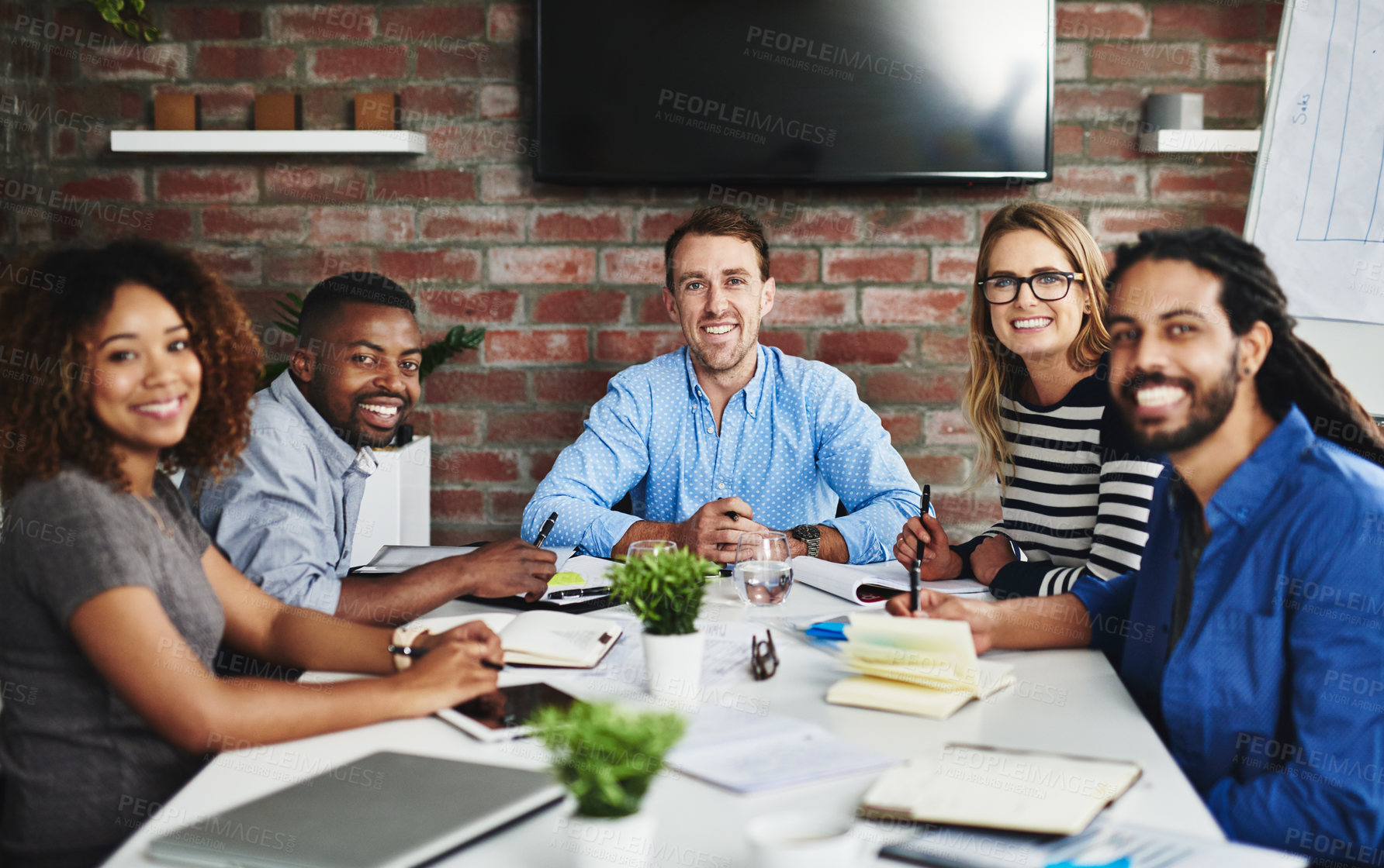 Buy stock photo Portrait, business people and happy in office for planning, startup development and brainstorming creativity. Design team, smile and notes in agency for collaboration, meeting and project management
