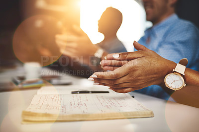 Buy stock photo Meeting, celebration and presentation with hands, boardroom and flare in office. Seminar, conference or creative agency people for convention, applause or successful employee for educational workshop