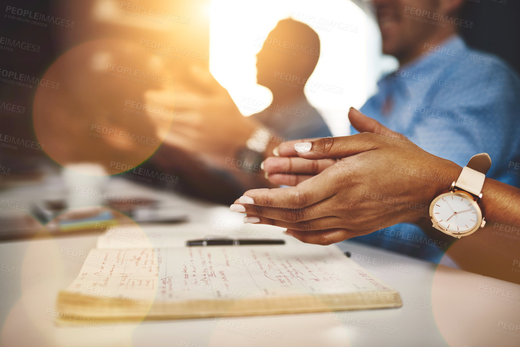 Buy stock photo Meeting, celebration and presentation with hands, boardroom and flare in office. Seminar, conference or creative agency people for convention, applause or successful employee for educational workshop