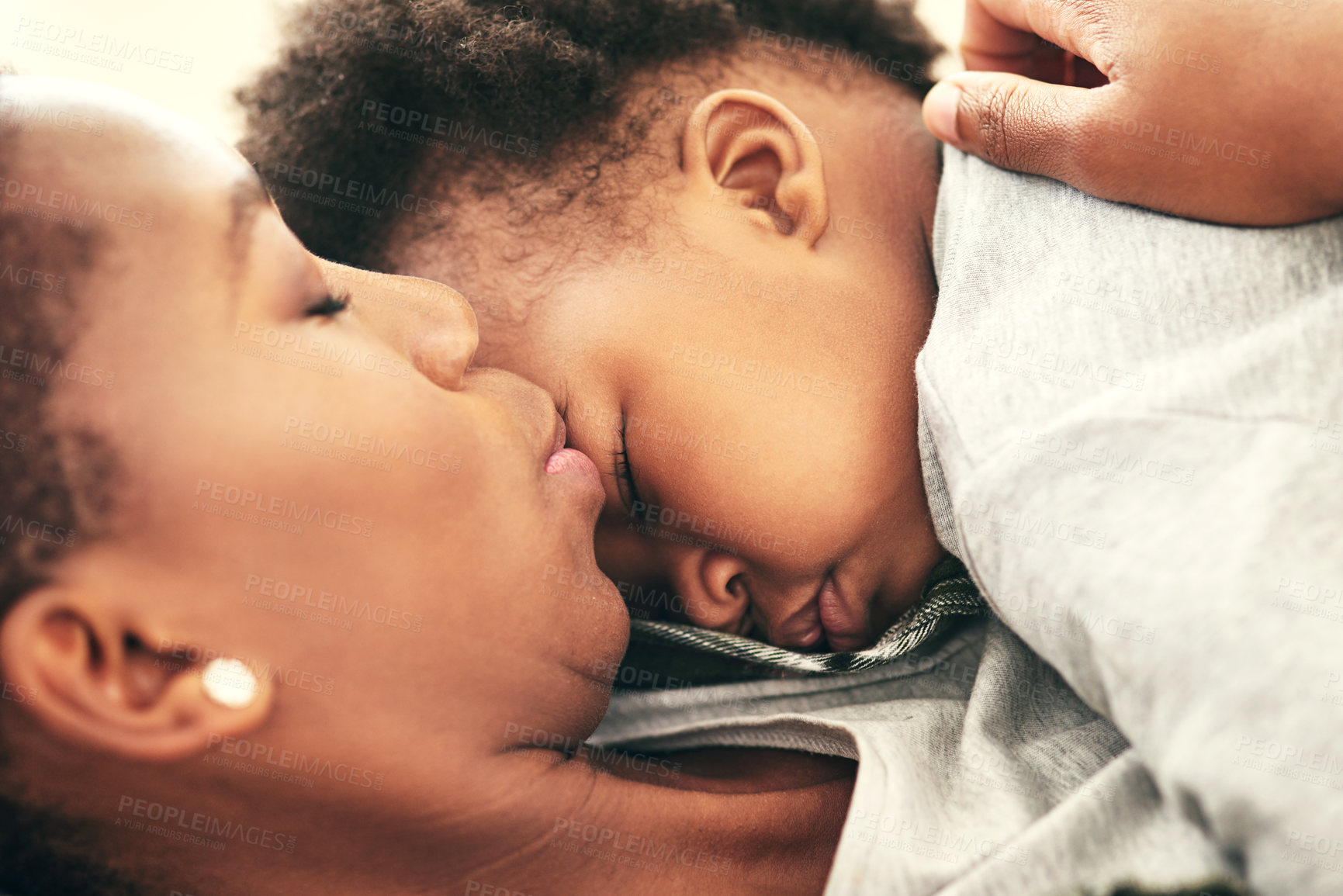 Buy stock photo Mother, baby and sleeping in closeup for bonding or security, love and peace with trust. Black woman, child and tired with relax for wellness or growth, care or together for development with newborn