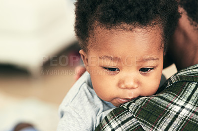 Buy stock photo Mother, baby and relax in closeup on shoulder for security, love and peace in home. Black woman, child and tired with relax for wellness in bedroom, care or together for development with newborn