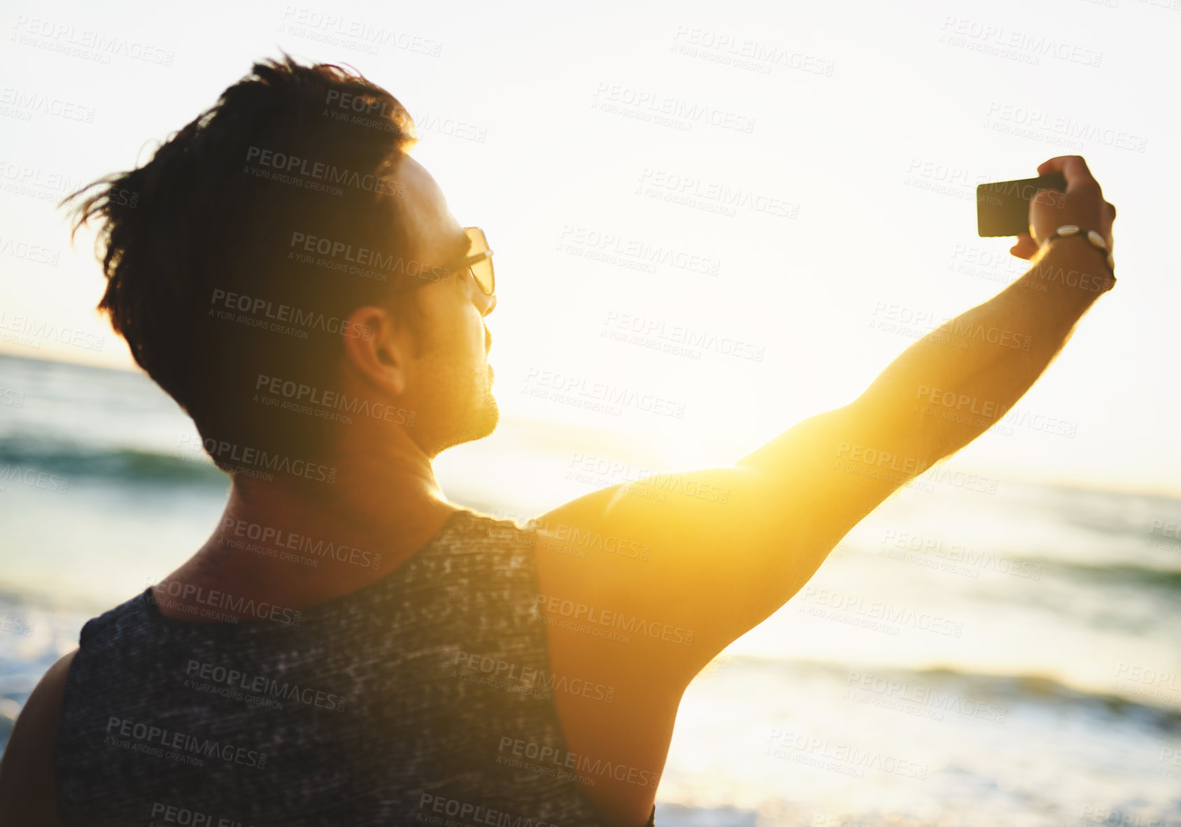Buy stock photo Man, selfie and ocean sunset for summer memory or social media post for Thailand trip, sun or nature. Male person, cellphone and sea holiday for vacation adventure or travel vlog, influencer or beach