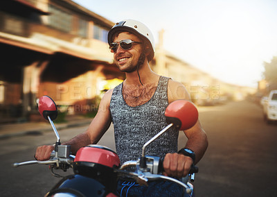 Buy stock photo Motorbike, speed and man in city with helmet for vacation travel, road trip and excited for weekend journey. Male tourist, street and sustainable transport for holiday freedom and adventure in Mexico