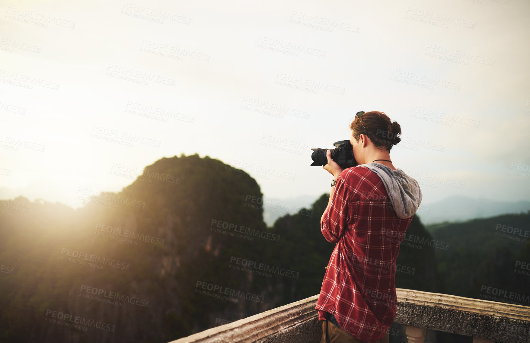 Buy stock photo Man, photographer and camera for hiking, mountains and nature with shooting for job at eco magazine. Person, journalist and outdoor for photoshoot by mockup space, sky or creative in morning sunshine