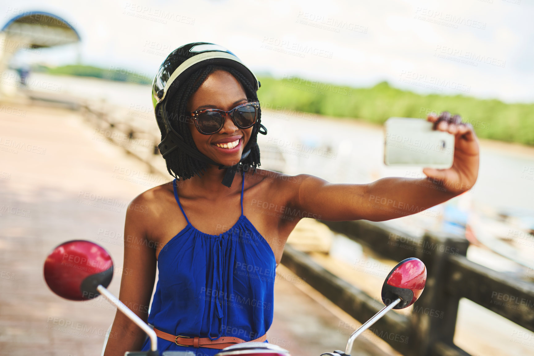 Buy stock photo Black woman, selfie and scooter outside with smile for fun in summer on vacation or holiday. Joy, vehicle and travel with happiness in nature with tourist in France for social media with bike
