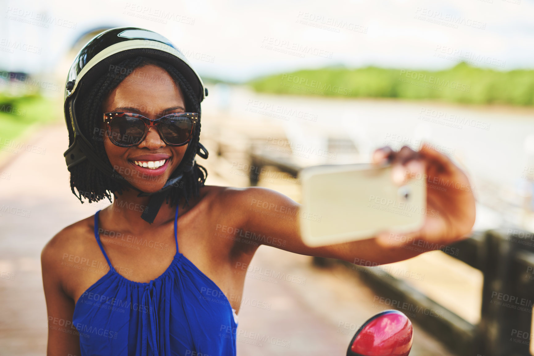 Buy stock photo Selfie, black woman and scooter outside with smile for fun in summer on vacation in outdoors. Joy, sunglasses and travel with happy in nature with tourist in France for social media or memories.