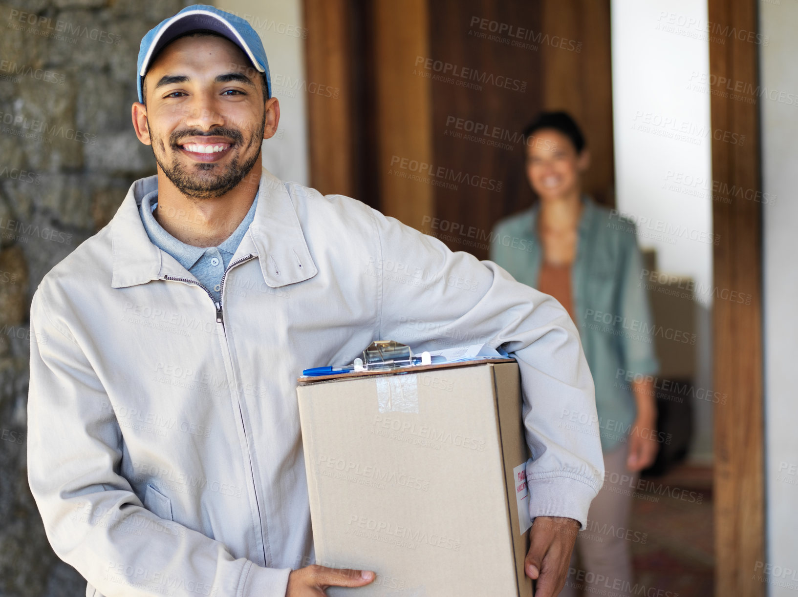 Buy stock photo Delivery man, portrait and box or front door courier with customer for supply chain, ecommerce or package. Male person, face and online shopping order as product service, distribution or logistics