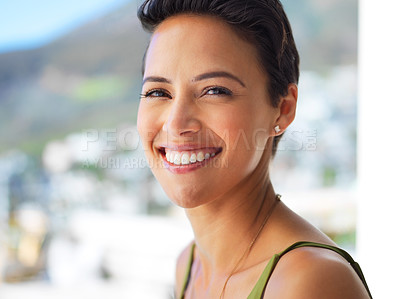 Buy stock photo Happy, portrait and woman outdoor with pride for holiday real estate agent at open house. Smile, confident and female realtor from Portugal with exclusive rental property for vacation listing.