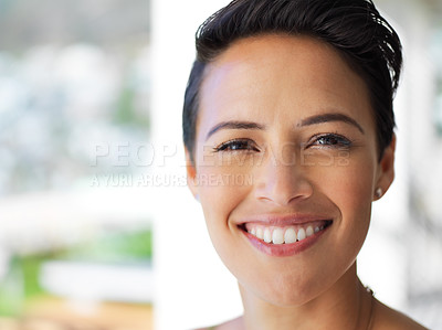 Buy stock photo Smile, portrait and woman outdoor with confidence for holiday real estate agent at open house. Happy, pride and female realtor from Portugal with exclusive rental property for vacation listing.