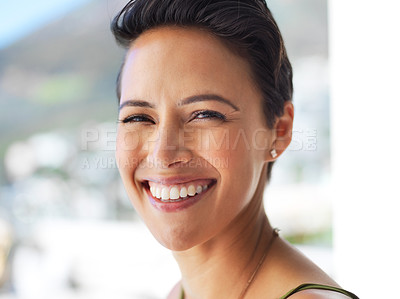 Buy stock photo Outdoor, dental or portrait of happy woman with confidence, teeth whitening or oral care for healthy veneers. Dentist, smile or face of orthodontist laughing with beauty, tooth implant or clean mouth