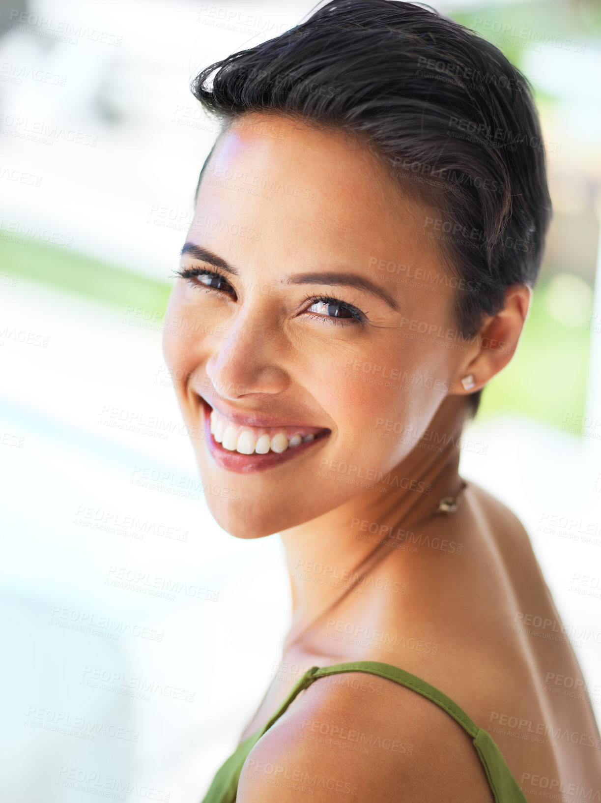 Buy stock photo Portrait of an attractive young woman standing outside