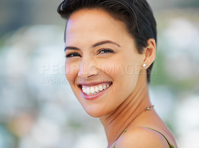 Buy stock photo Outdoor, dental or portrait of woman with smile, teeth whitening or oral care for healthy veneers. Dentist, confidence or face of happy female orthodontist with space, tooth implant or clean mouth