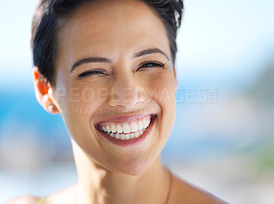 Buy stock photo Portrait of an attractive young woman standing outside