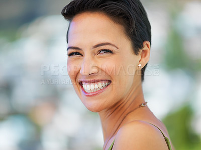 Buy stock photo Portrait, smile and woman with holiday, summer travel and resort for adventure in Miami. Tourist, hotel and hospitality for weekend, explore and relax with journey for vacation lodge accommodation