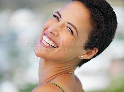 Buy stock photo Face, smile and woman with holiday, summer travel and resort for adventure in Miami. Tourist, hotel and hospitality for weekend, explore and relax with journey for vacation lodge accommodation