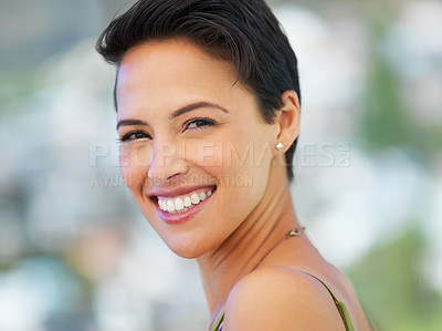 Buy stock photo Portrait, smile and woman outdoor on vacation, holiday and travel in nature on adventure. Face, tourist and happy female person with natural beauty on journey, summer trip and relax in Portugal