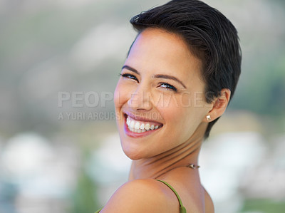 Buy stock photo Portrait, happy and woman outdoor on vacation, holiday and travel in nature on adventure. Face, tourist and female person smile with natural beauty on journey, summer trip and relax in Portugal