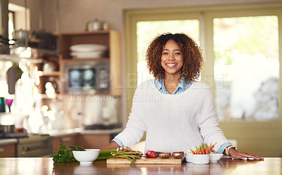 Buy stock photo Cooking, meal and woman with knife for vegetables, food and dinner in home. Vegan, diet and healthy eating with portrait and recipe for nutrition, smile and female person in kitchen with ingredients