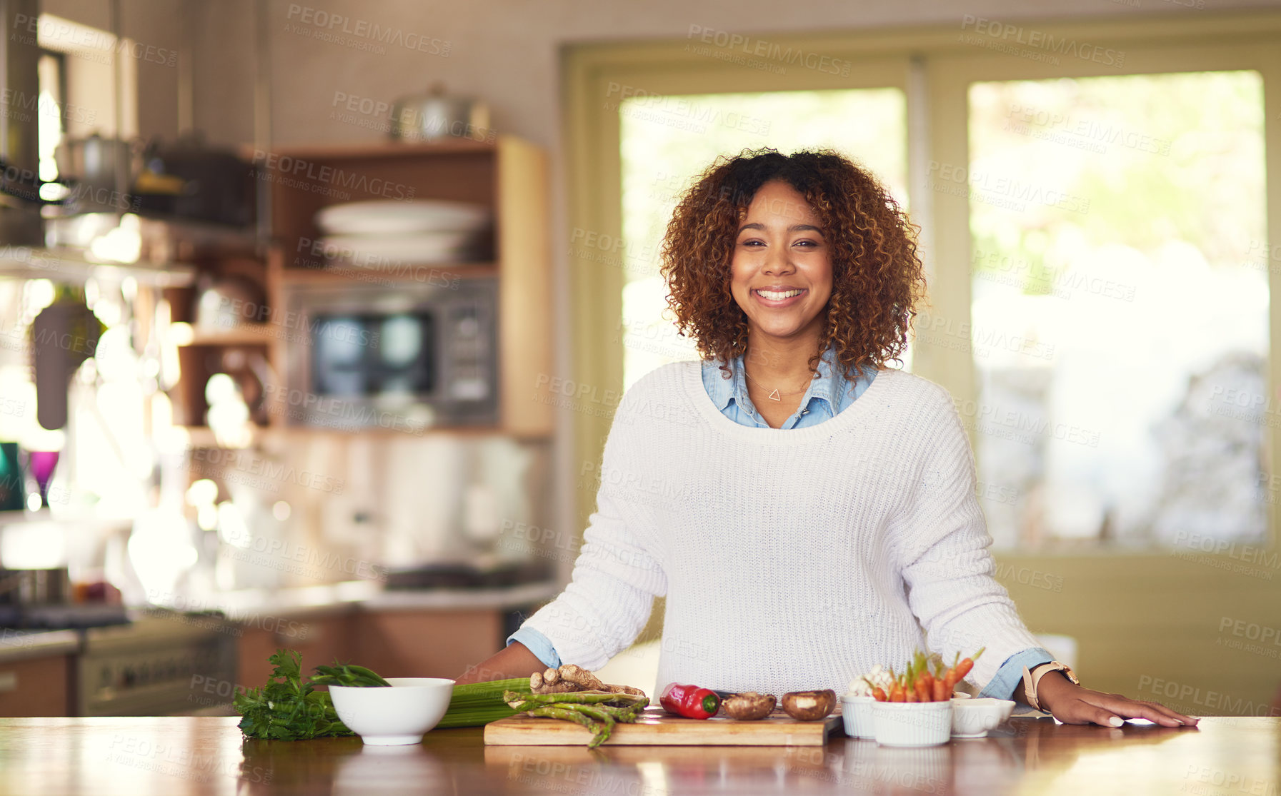 Buy stock photo Cooking, meal and woman with knife for vegetables, food and dinner in home. Vegan, diet and healthy eating with portrait and recipe for nutrition, smile and female person in kitchen with ingredients