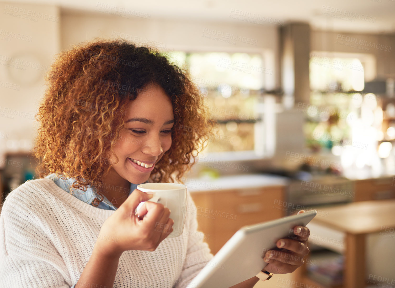 Buy stock photo Woman, tablet and smile with coffee in home for communication, break and social media post. Technology, female person or remote worker browsing internet for online news, reading blog or research