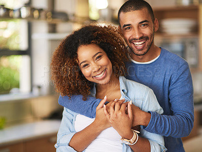 Buy stock photo Love, smile and hug, portrait of happy couple in kitchen, new home, embrace and healthy relationship. Happiness, man and woman hugging with affection, romance and marriage, young people in apartment.