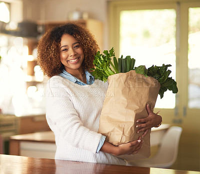 Buy stock photo Groceries, vegetables and black woman with bag for health food, kitchen and home for diet. Organic, meal prep and nutritionist with recipe ingredients, vegan and salad for portrait of female person