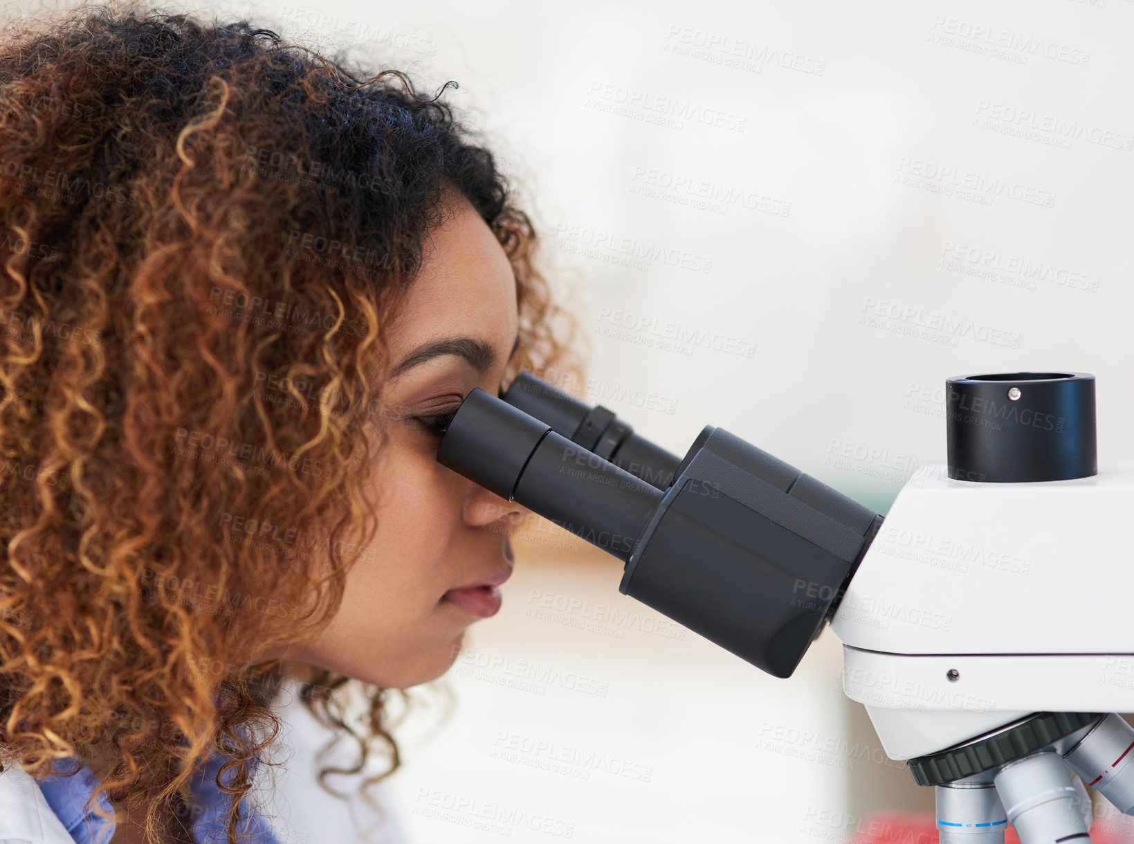 Buy stock photo Analyse, microscope and female scientist in laboratory for research or medical breakthrough. Person, health and specialist with doctor or expert in biology with equipment for investigation in London.