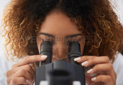 Buy stock photo Female scientist, analyse and microscope in laboratory for medical research or breakthrough. Specialist, health and data with doctor or expert in biology with equipment for investigation in America.