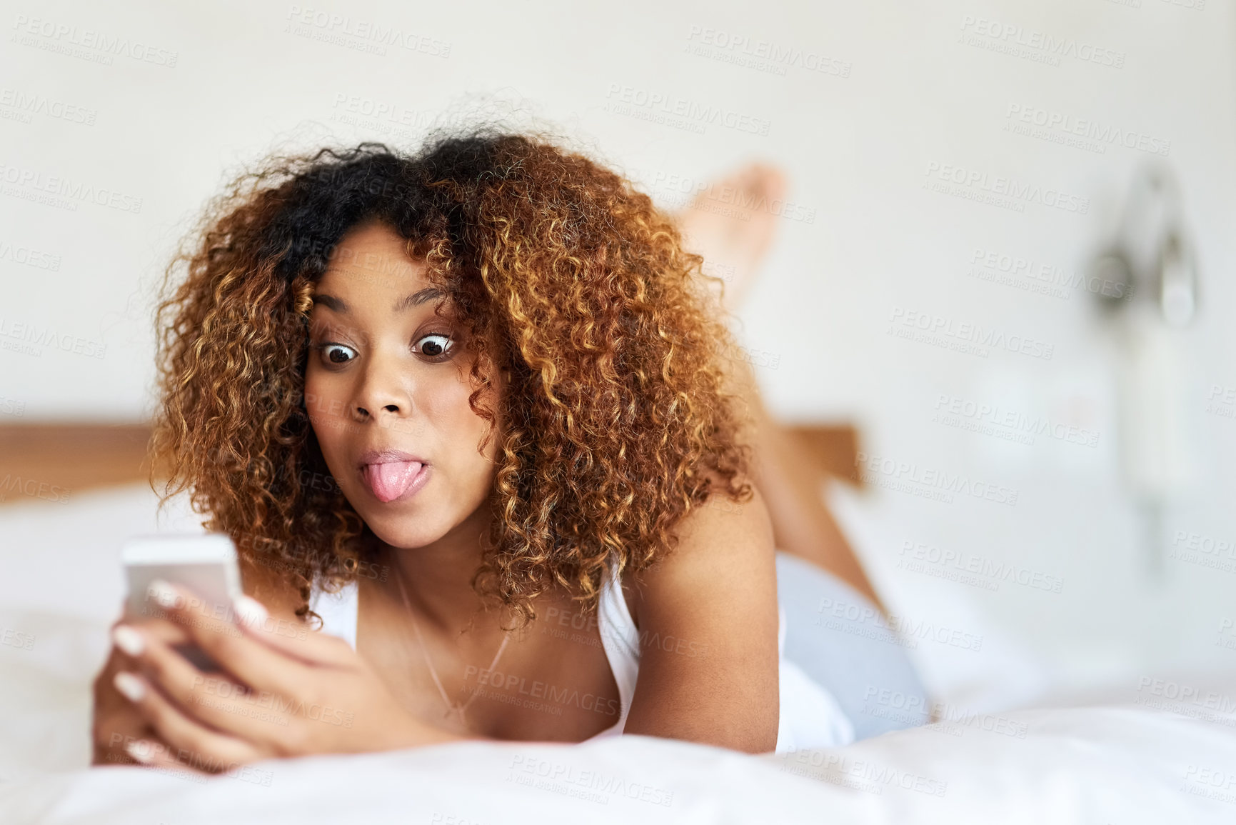 Buy stock photo Funny face, selfie and girl on bed, home and relax in bedroom, peace and profile picture for social media. House, photography and rest of woman in morning, memory and comic for app and online