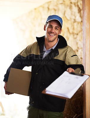 Buy stock photo Portrait of a courier delivering a package