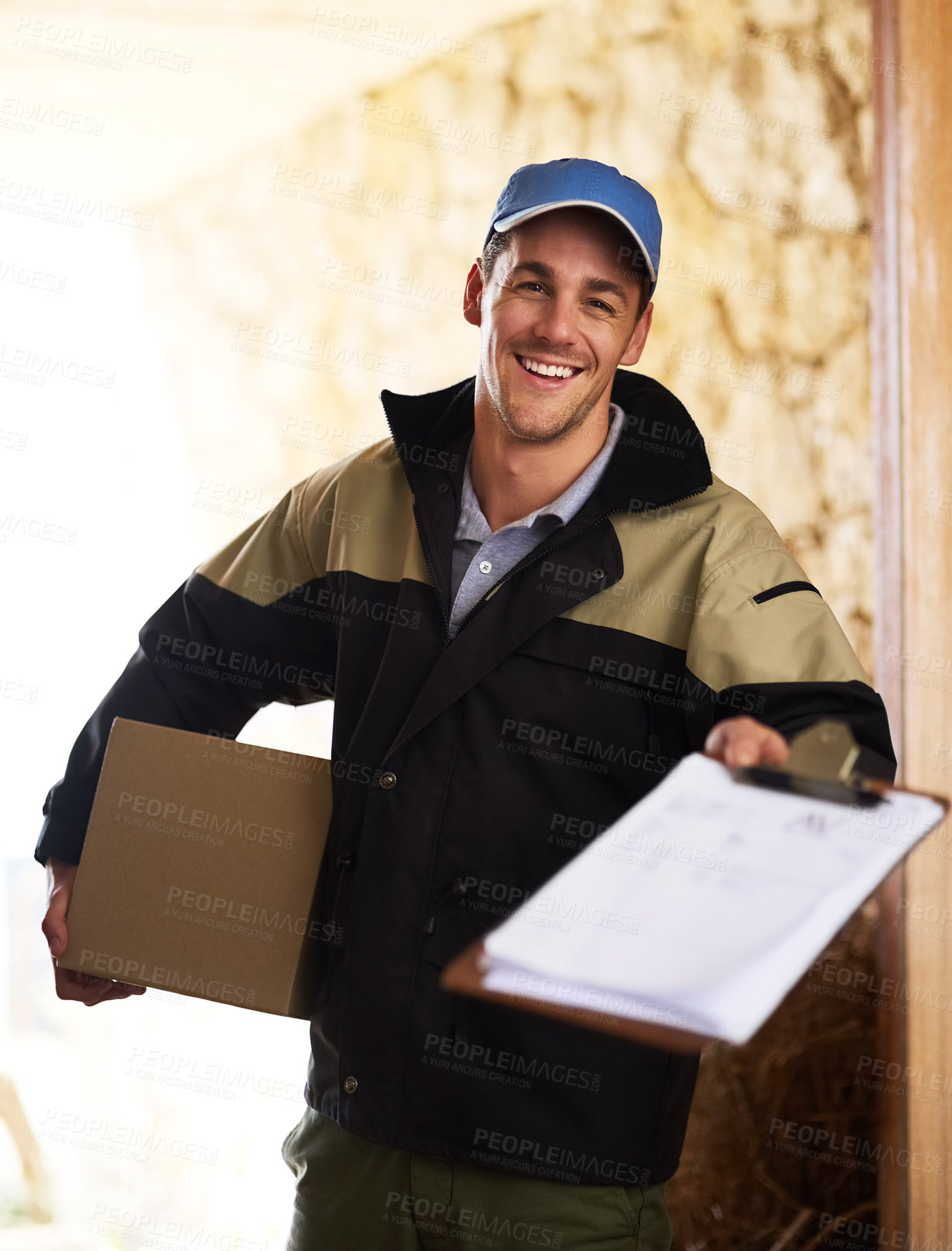 Buy stock photo Delivery man, box and front door for courier service, distribution or logistics document, receipt or signature. Portrait of industry worker with package, mail or order at home and customer paperwork