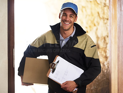 Buy stock photo Portrait of a courier delivering a package