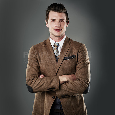 Buy stock photo Banker, arms crossed or happy businessman in studio with smile, corporate career and experience. Portrait, financial advisor and proud professional investment broker on dark background in England