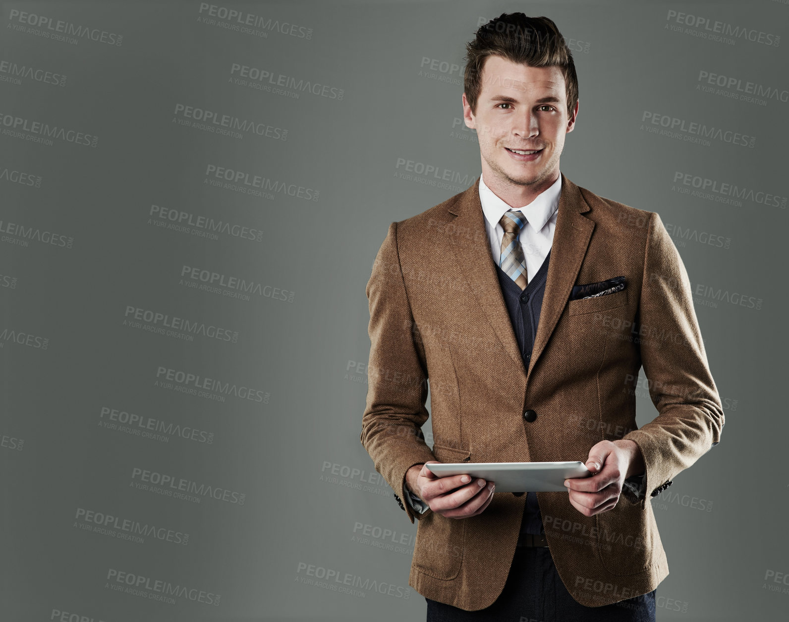 Buy stock photo Happy, businessman or portrait with tablet in studio for trading or investing on a gray background. Man, investor or broker smile with technology, financial skill or market analysis on mockup space