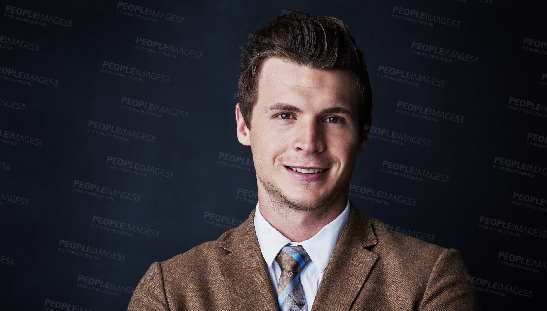 Buy stock photo Banker, portrait or businessman in studio with smile, corporate career and finance experience. Space, financial advisor and proud professional investment broker on black background mockup in England