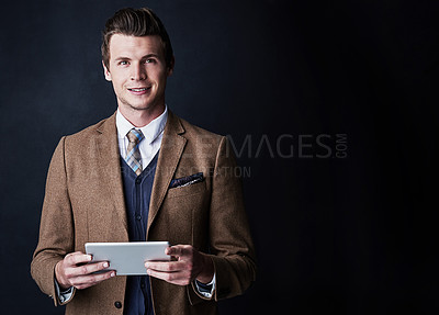 Buy stock photo Business man, tablet and happy in studio with contact, application and mock up space black background. Person,  attorney or advocate with touchscreen for career at corporate law firm in New Zealand