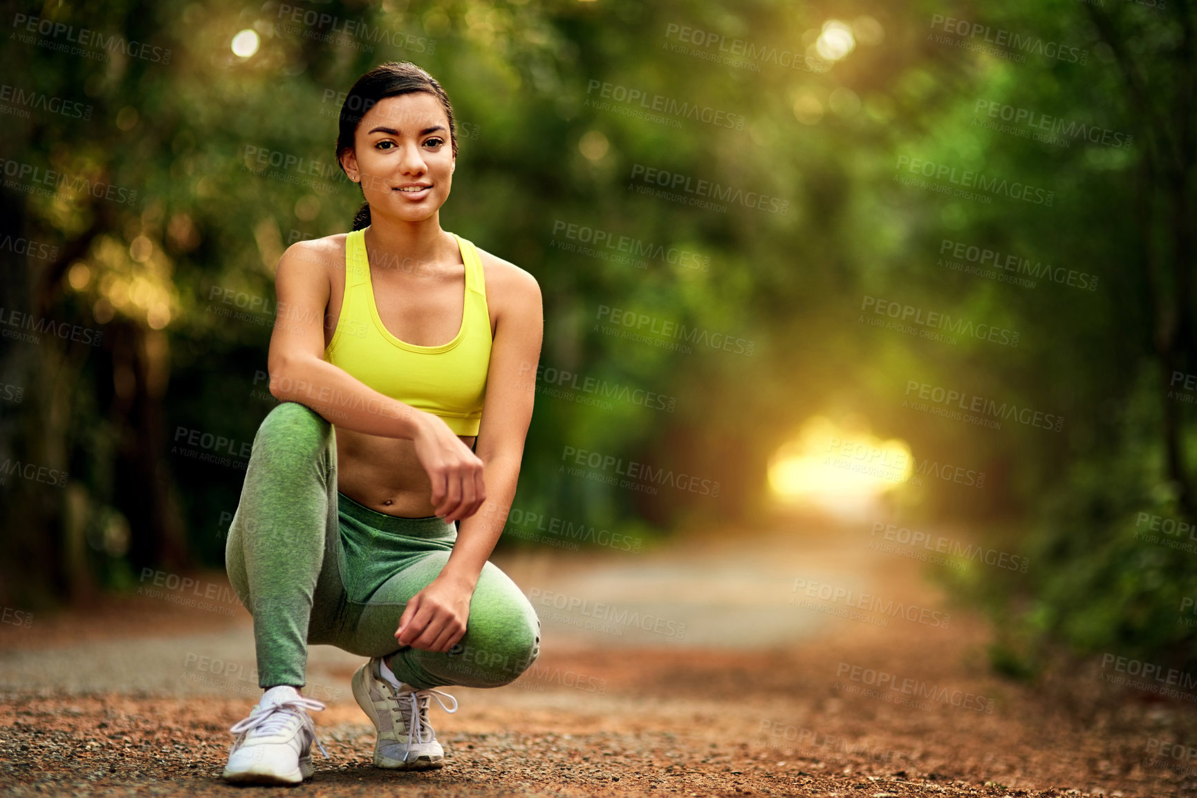 Buy stock photo Portrait, outdoor and woman with fitness, wellness and nature with challenge, sports and progress. Person, runner and athlete in park, healthy and workout with training, exercise and forest for run