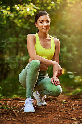 Buy stock photo Portrait, outdoor and woman with fitness, nature and exercise with challenge, sports and progress. Person, runner or athlete in park, health or workout with training, wellness or forest with sunshine