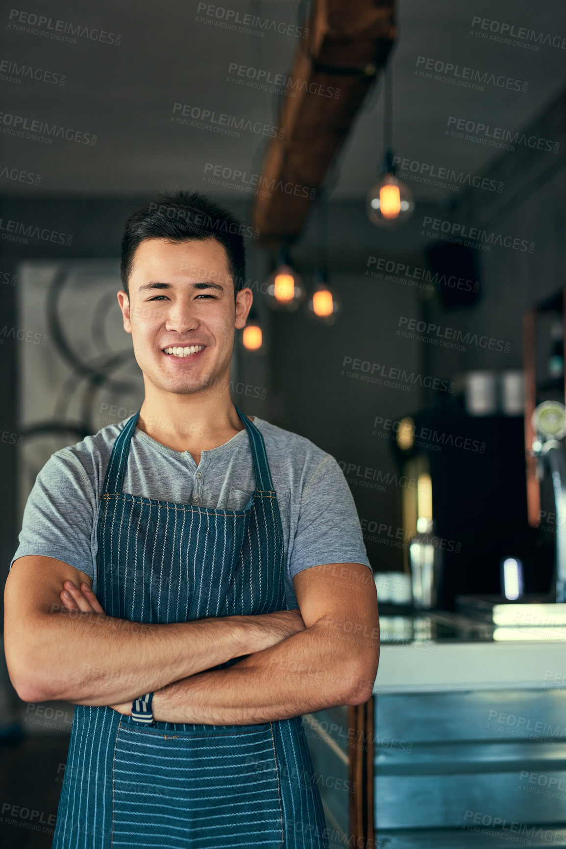 Buy stock photo Cafe, portrait and happy business owner with pride in hospitality, service or waiter with arms crossed. Entrepreneur, smile and person in coffee shop, restaurant and professional server working