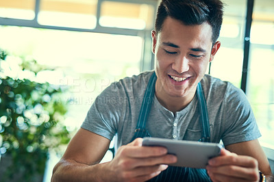 Buy stock photo Man, tablet and waiter happy in cafe, typing and browse on internet and inventory order for business. Communication, social media and information search, sales and customer review and contact