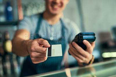 Buy stock photo Waiter, hand and card for payment at cafe with client purchase for order, shopping and sale for checkout with machine. Business, man and customer with service, finance and credit for online promotion