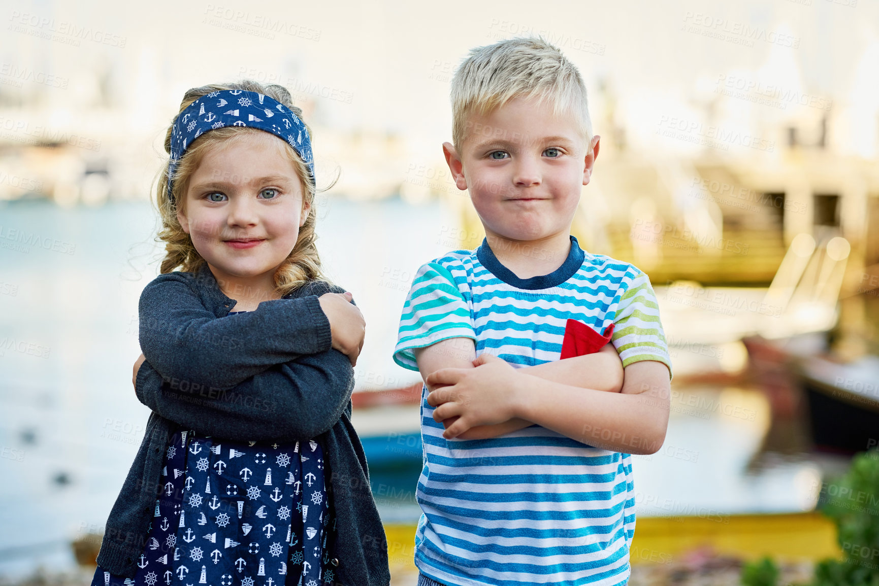 Buy stock photo Confident, kids and smile in outdoors for portrait with love, care and bonding as family, vacation and adventure. Happy, girl and boy, siblings and childhood for youth, memory and holiday in Greece