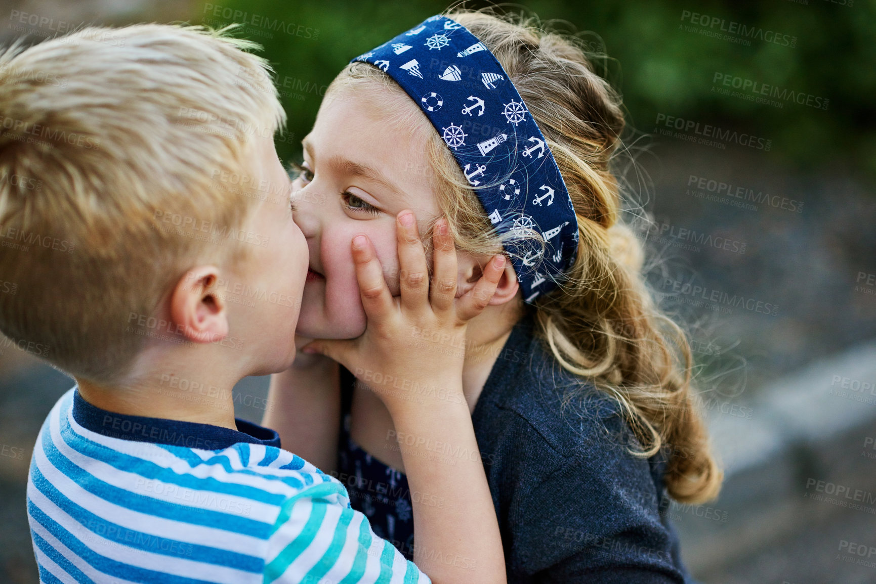 Buy stock photo Kids, siblings and kiss with love in outdoor for bonding, family and holiday, travel and youth in summer for memory. Smile, boy and girl, kids and adventure, together and relationship with care 