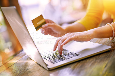 Buy stock photo Laptop, woman and credit card for online shopping, ecommerce and virtual store or shop on website. Entrepreneur, technology and digital payment for b2b, dropshipping and business with product or sale