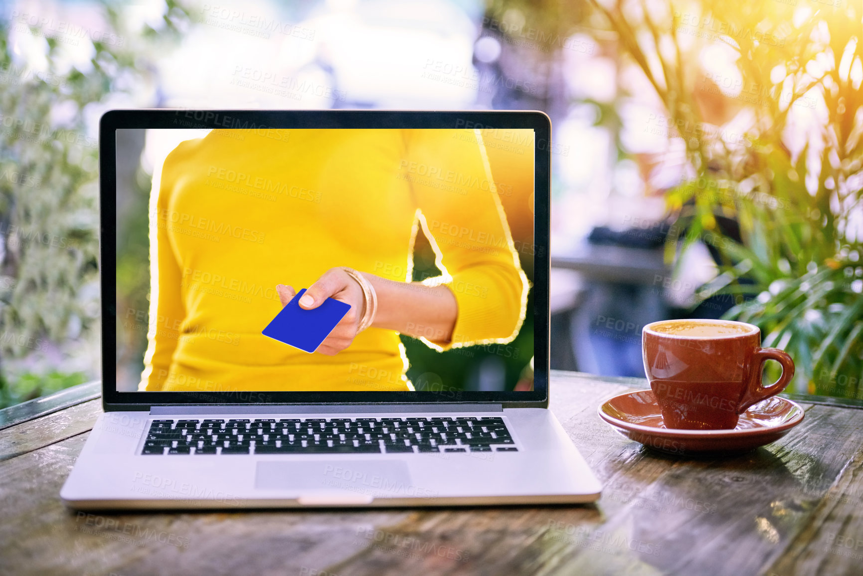 Buy stock photo Laptop, screen and hand with credit card in cafe for ecommerce payment for sale, discount or promo. Person, pay and online shopping offer on website or booking travel with banking info or finance